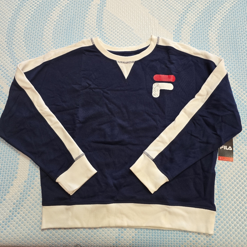 Fila Heritage Women's Navy and White Lowered Shoulder Comfy Sweater Size Large
